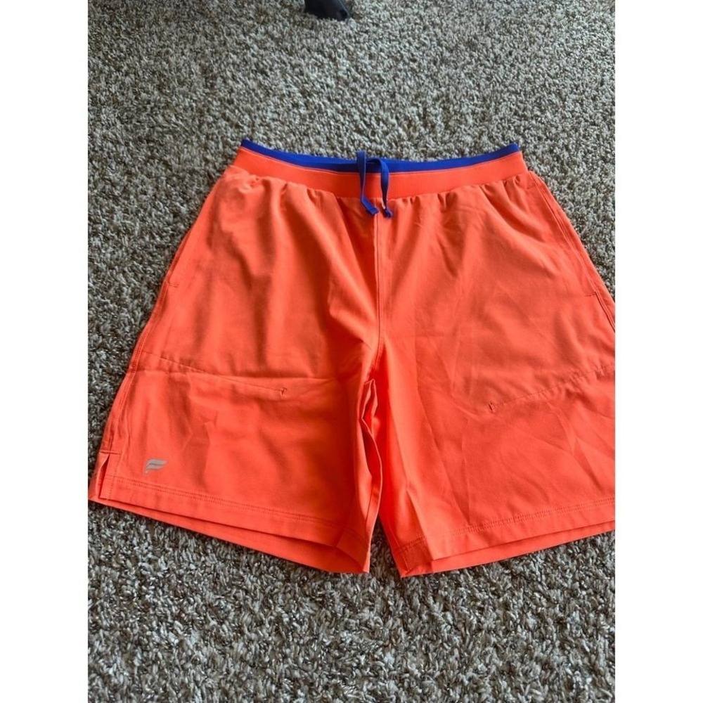 Fabletics Mens Running Shorts Neon Orange Blue Trim Athletic Gym Workout